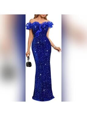 NWOT Cololura Off Shoulder Ruffles Sparkly Sequin Soft Mermaid Evening Dress, M